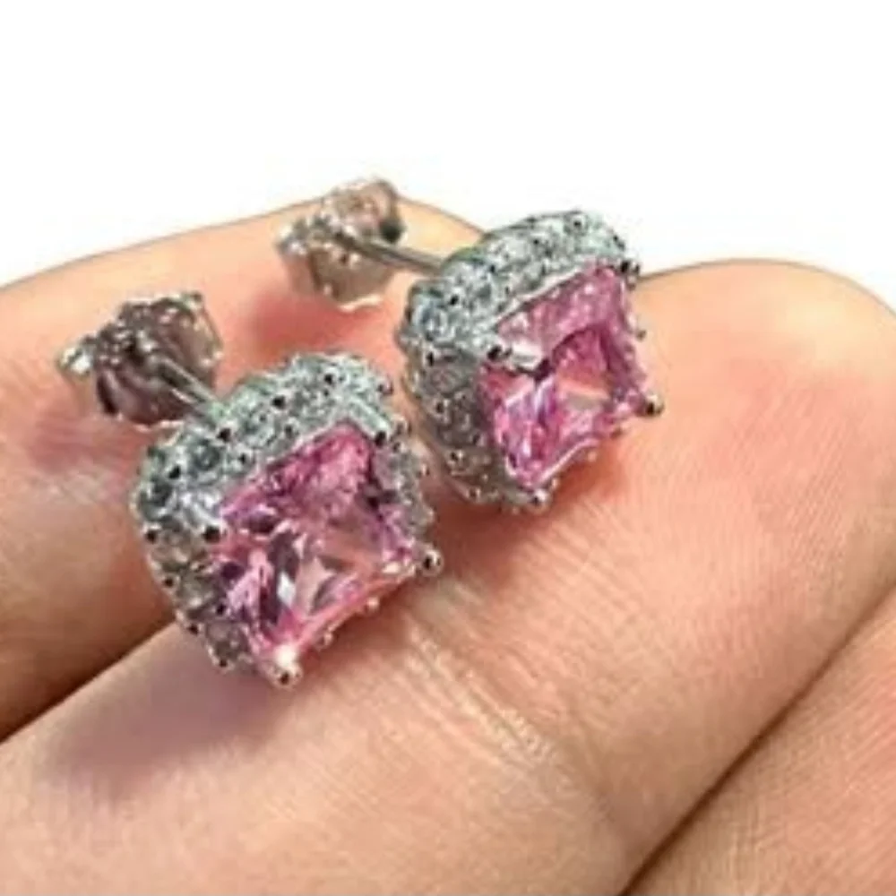 Pink Tourmaline Earrings Stud Sterling Silver 925, Cushion Cut Earrings, 9.9mm - Picture 10 of 10